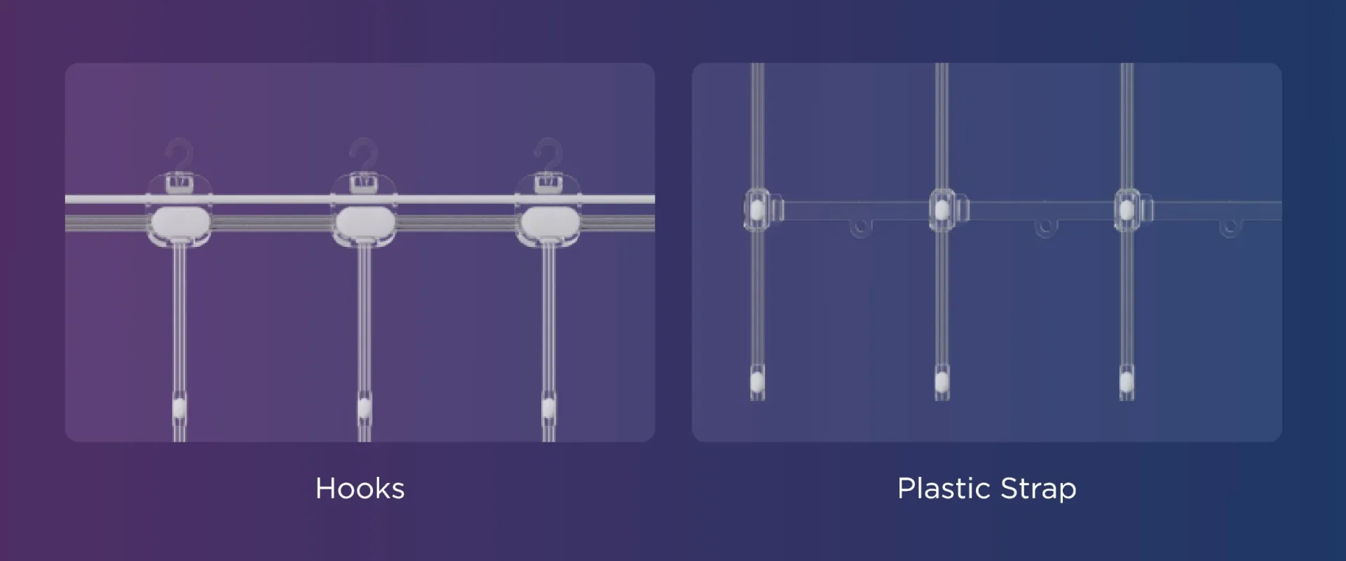 Variedad de accesorios de montaje (clavos y ganchos sin marcas) para distintas necesidades de instalación.