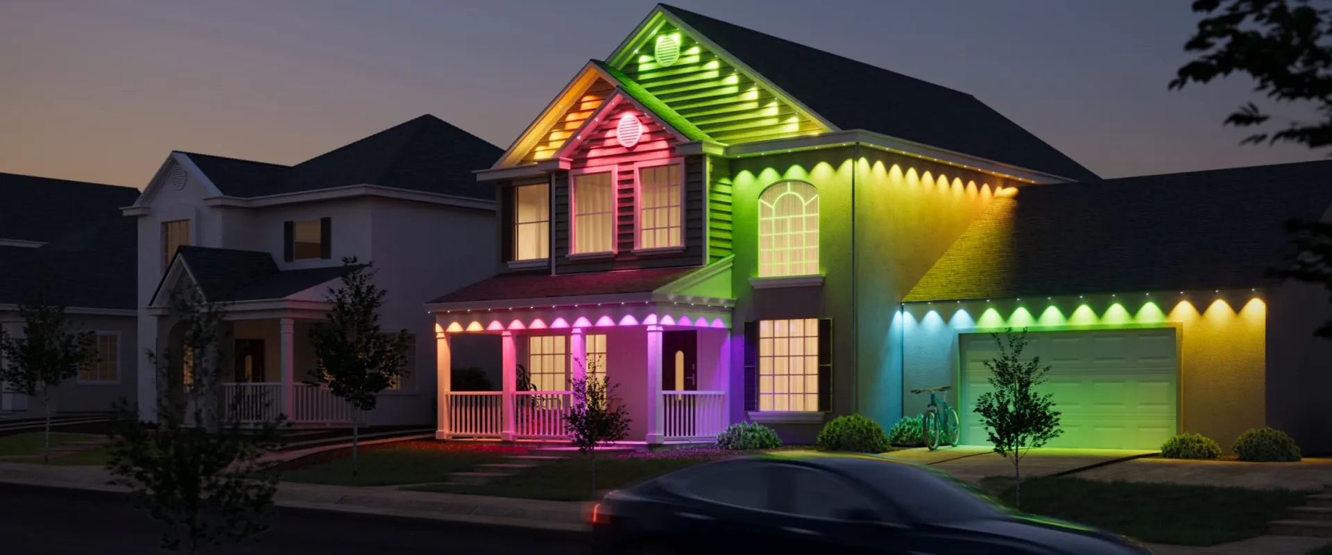 Casa iluminada con luz exterior permanente